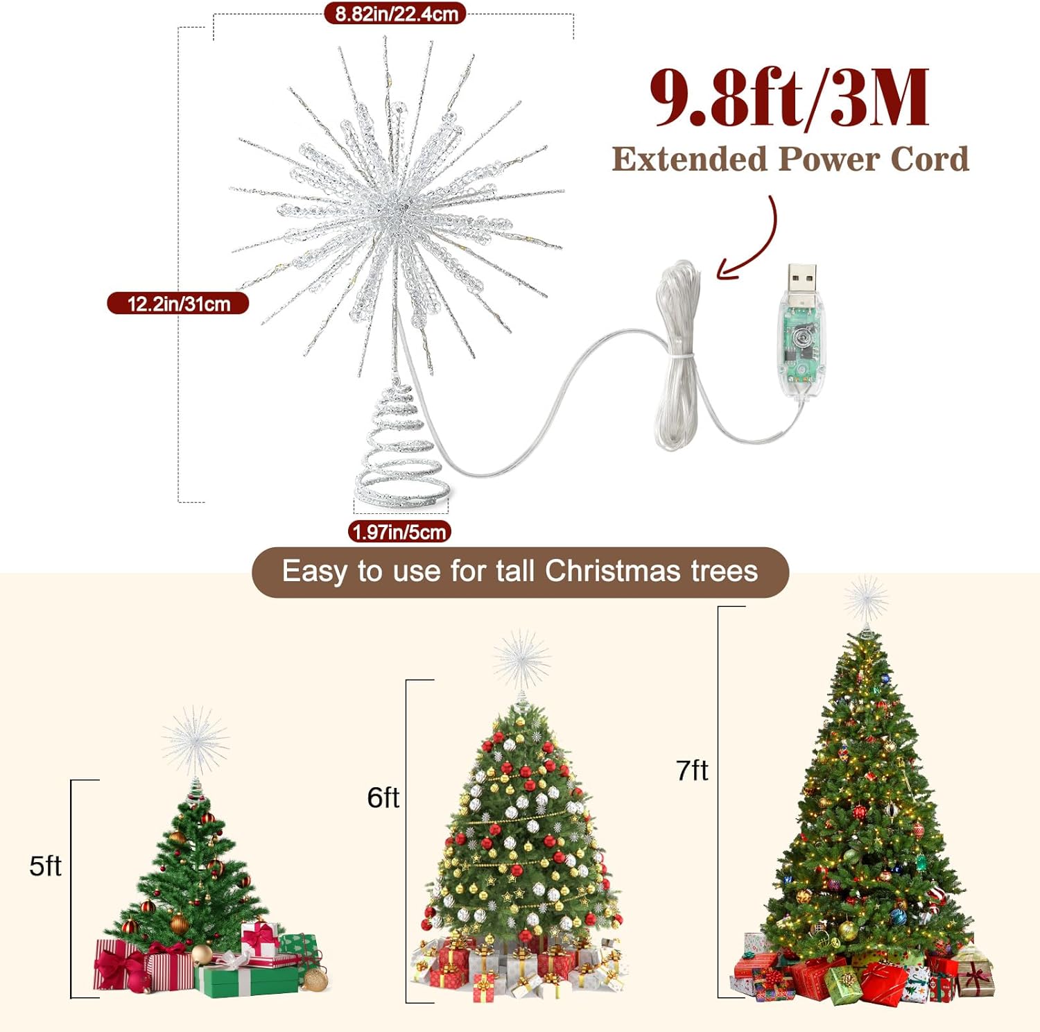 Lewondr Lighted Snowflake Tree Topper – High End Holiday Centerpiece, 12.2in Epoxy Crystal LED Treetop in Silver White