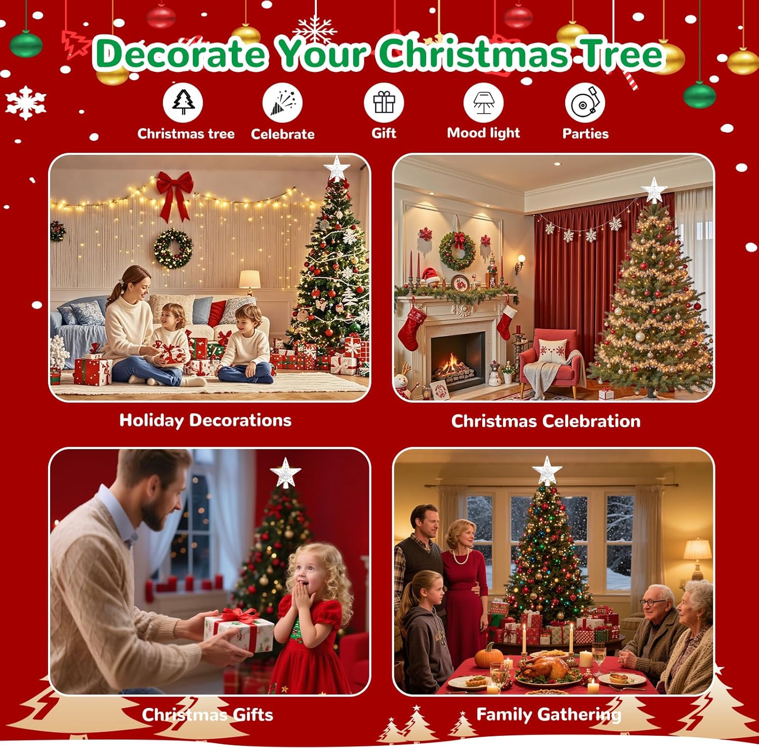 Lumabelle 3D Hollow Star Tree Topper – Festive Foyer Centerpiece with 6 LED Projection Patterns and Warm Glitter Glow