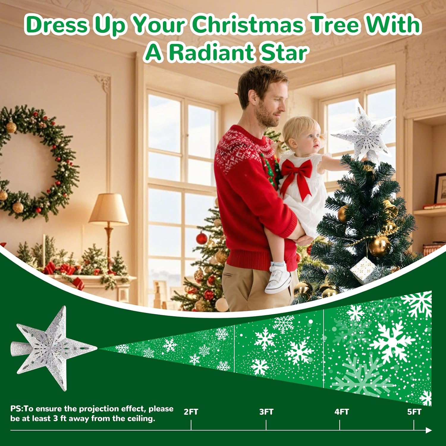 Lumabelle 3D Hollow Star Tree Topper – Festive Foyer Centerpiece with 6 LED Projection Patterns and Warm Glitter Glow