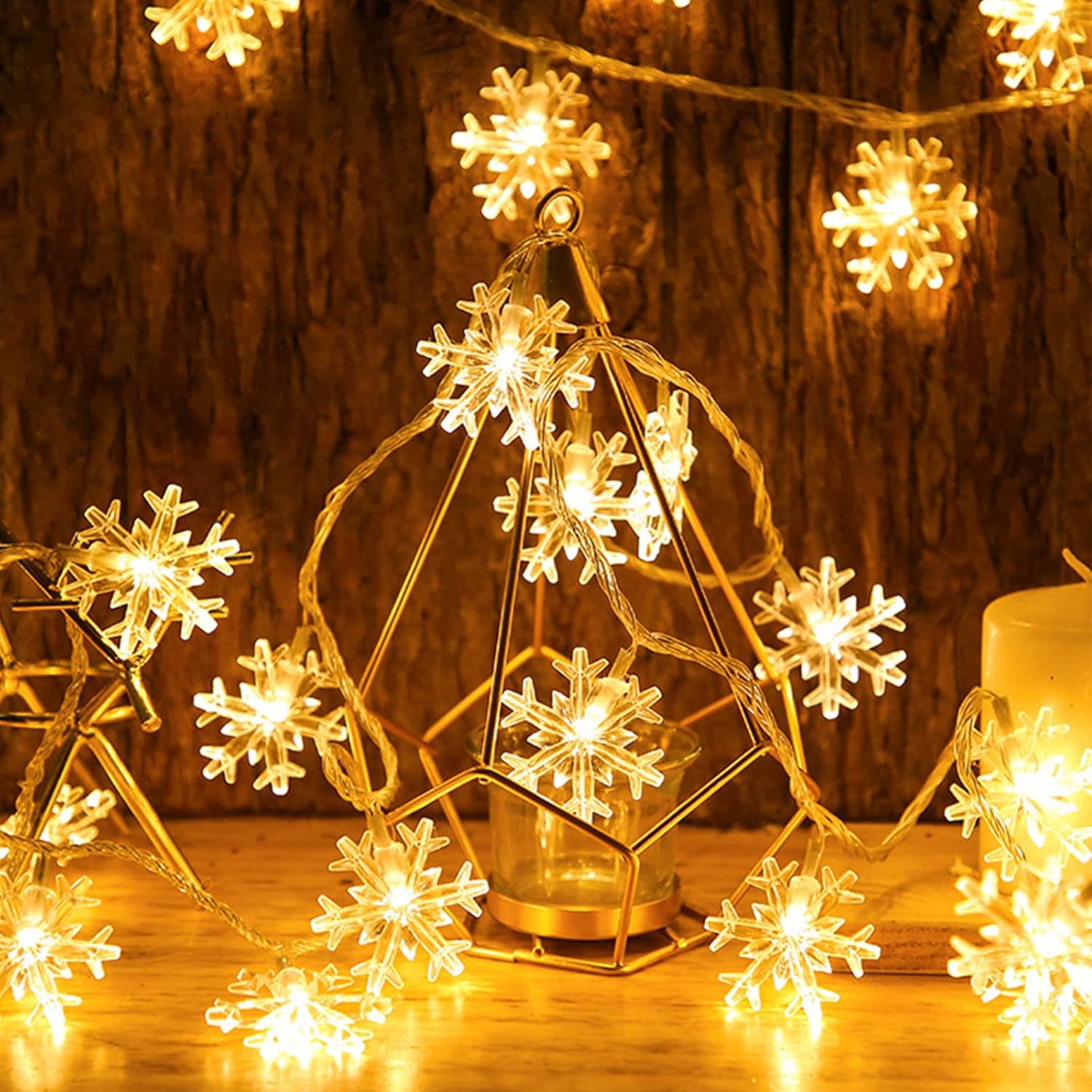 LuminGlow LED Snowflake Lights – Minimalist Home Lighting for Reading Nook and Mantel, Battery Powered 20Ft String