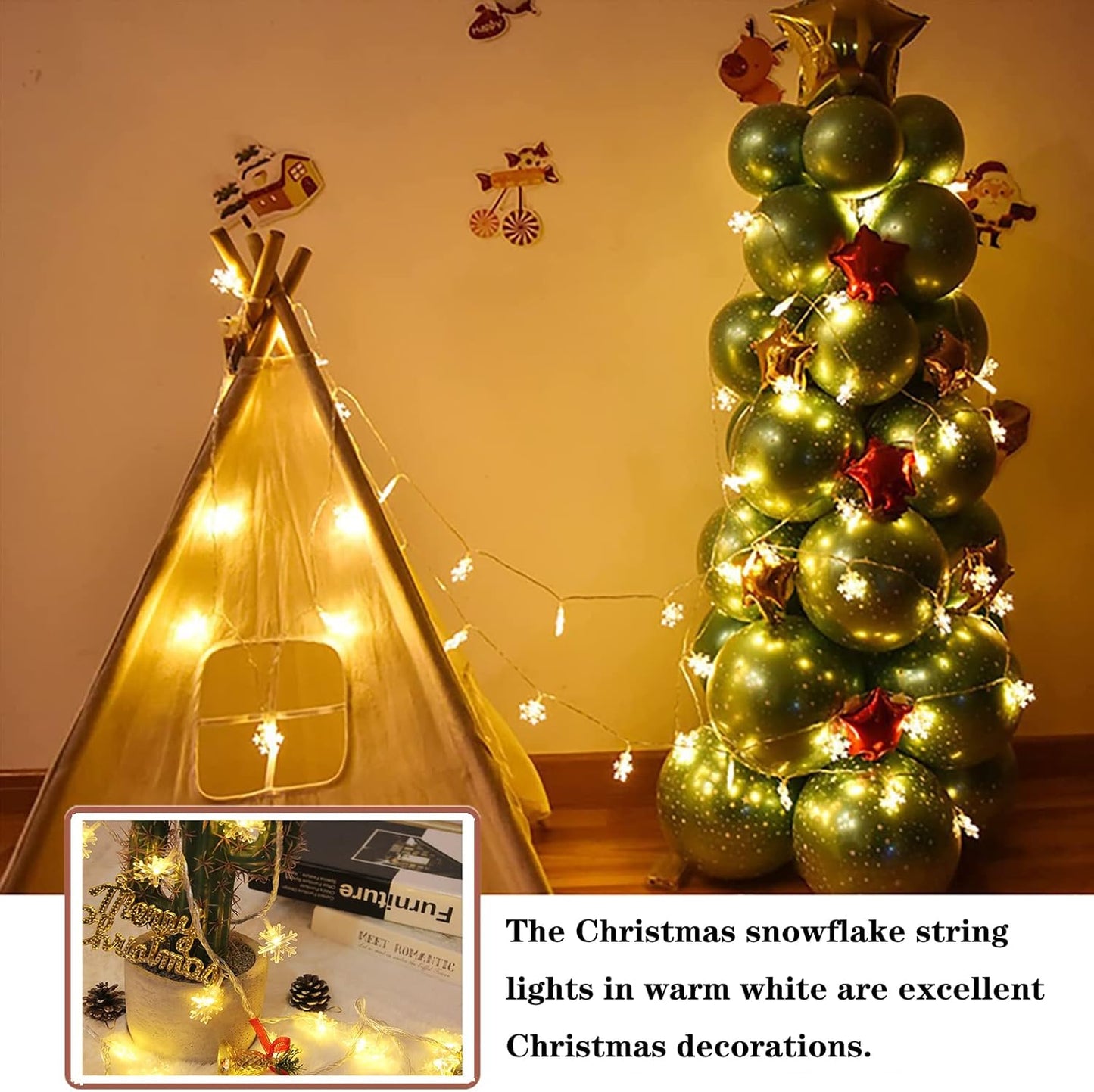 LuminGlow LED Snowflake Lights – Minimalist Home Lighting for Reading Nook and Mantel, Battery Powered 20Ft String