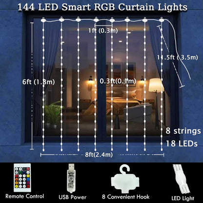 LuminVue RGB Curtain String Lights – Consistent Study Atmosphere with Music Sync, 8x6ft USB Powered