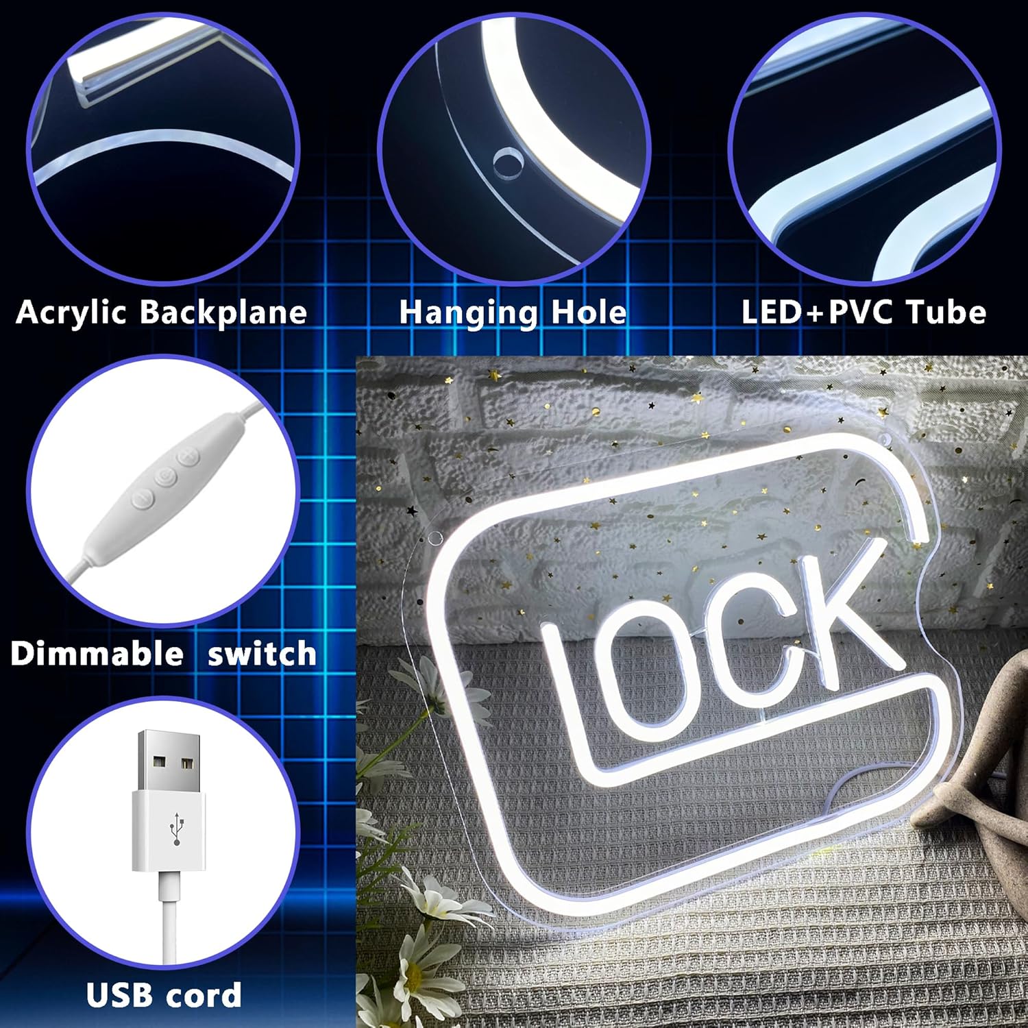 LUMIORA Lock Neon Sign – Home Bar Mood Lighting, Color Variant LED Wall Art for Game Room and Lounge