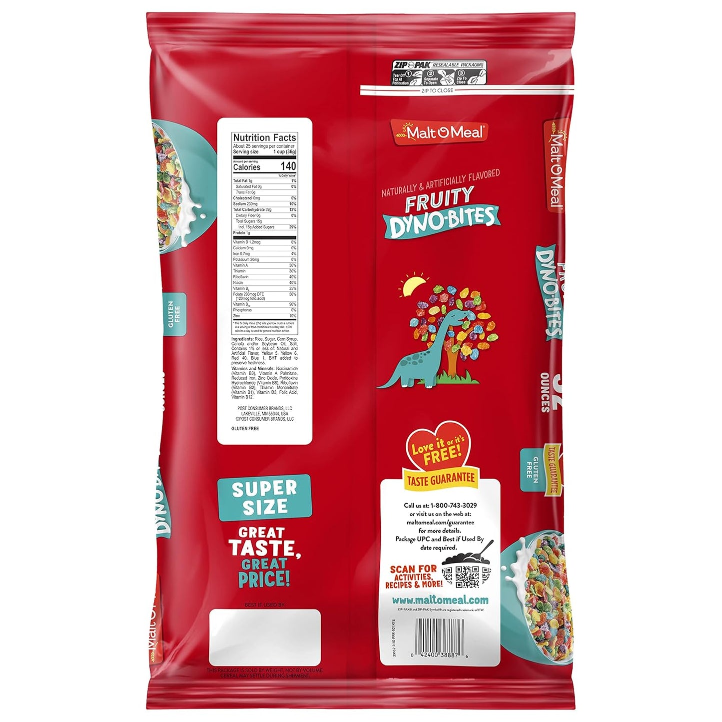Malt-O-Meal Fruity Dyno Bites Cereal, Mindful Gluten Free Pantry Cereal for Clean Family Eating, 32 OZ Resealable Pouch