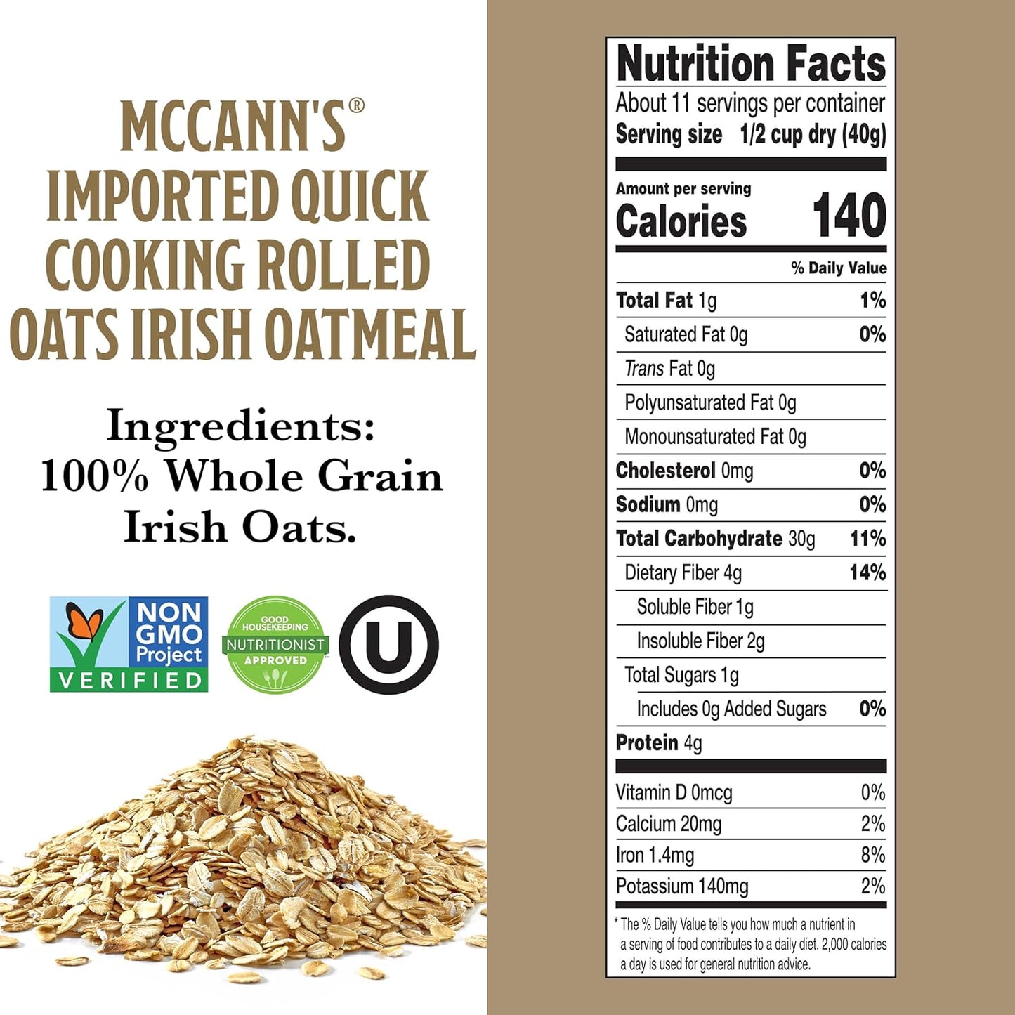 McCann's Quick Cooking Rolled Oats Single-Ingredient 16 oz Bag for Uncluttered Intentional Pantry Storage