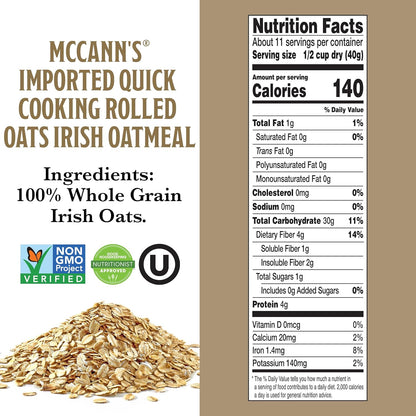McCann's Quick Cooking Rolled Oats Single-Ingredient 16 oz Bag for Uncluttered Intentional Pantry Storage