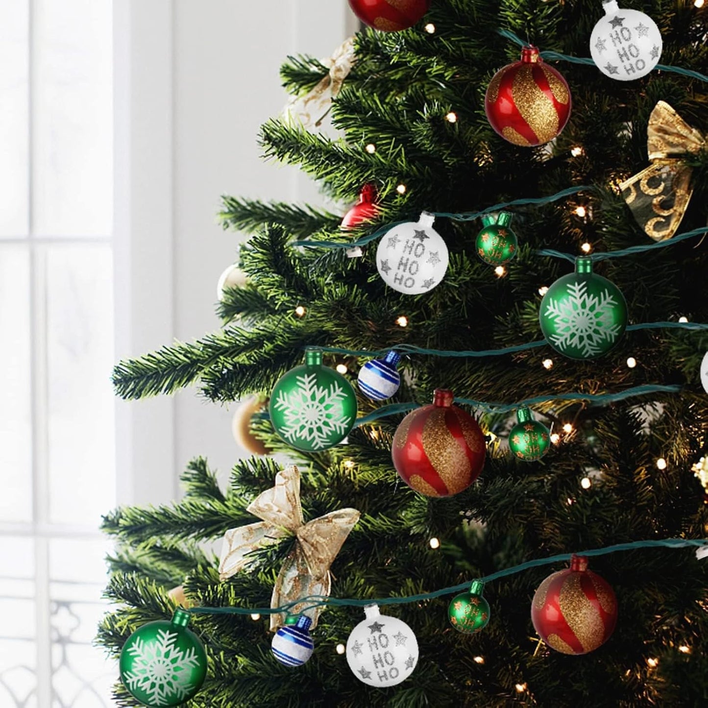 MerryMuse 28ft Christmas Ball Light Strand, Decorative Star and Snowflake Bulbs for Window Frame and Indoor Porch