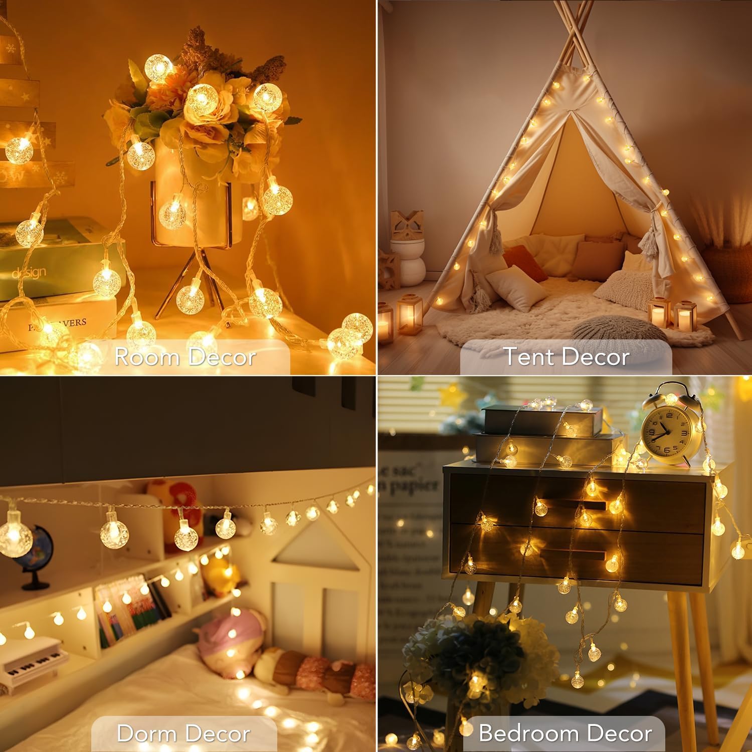 Metaku Crystal Globe String Lights Uncluttered Neutral Aesthetic Battery Powered with Remote Timer for Scandi Style Apartment 26ft
