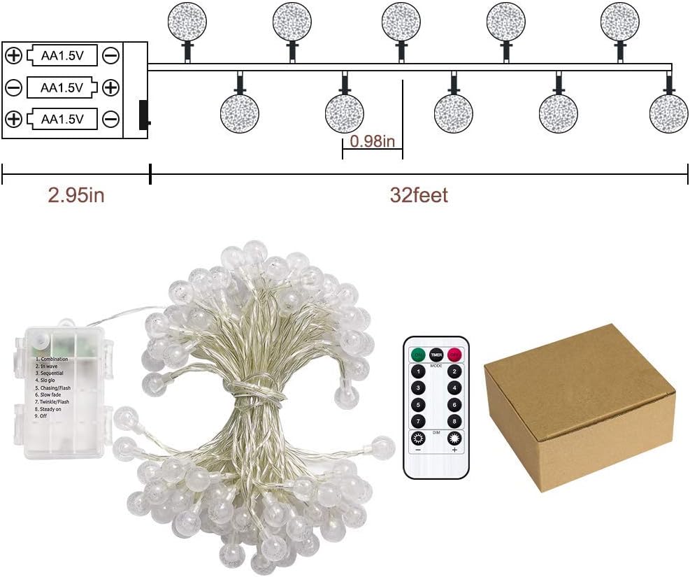 Metaku Crystal Globe String Lights Uncluttered Neutral Aesthetic Battery Powered with Remote Timer for Scandi Style Apartment 26ft
