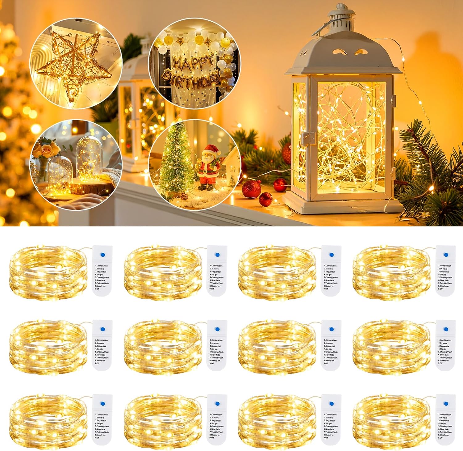 Minetom Fairy String Lights – Housewarming Gift for Couples and Roommates, Battery Operated 7ft Twinkle Lights Multi-Pack with Timer