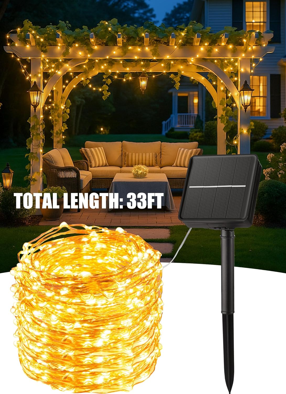 Minetom Solar Hanging Lights for Home, 33Ft 100 LED Dusk to Dawn Accent Lights for Window and Headboard Decor