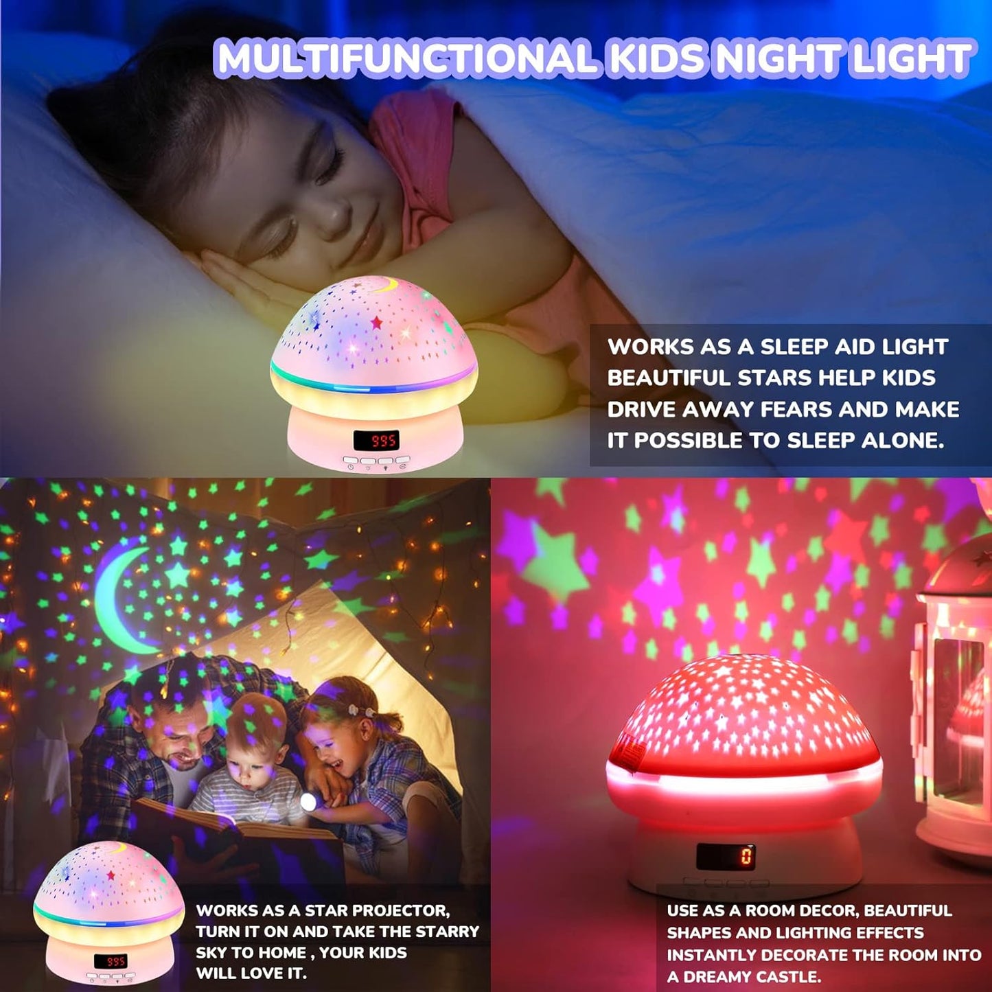 MINGKIDS Child-Safe Mushroom Night Light – FAA-Certified Non-Toxic Star Projector, No Flame No Heat for Nursery