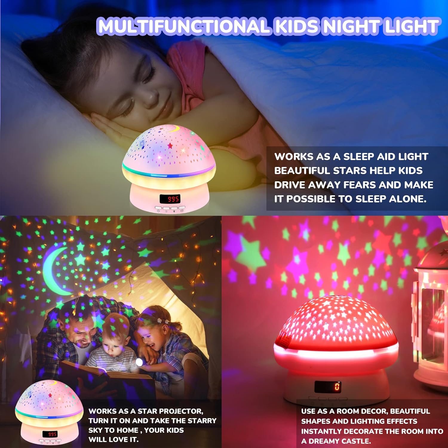 MINGKIDS Child-Safe Mushroom Night Light – FAA-Certified Non-Toxic Star Projector, No Flame No Heat for Nursery