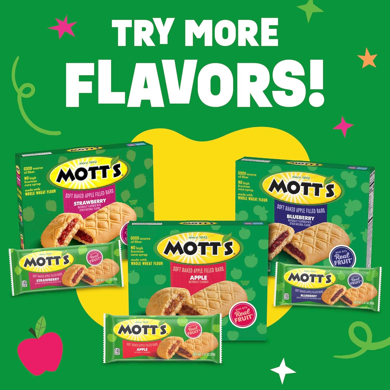 Mott's Soft Baked Apple Filled Bars – Better-for-You Snack Bar with Real Fruit Puree for Gym Bag, 5 Pack