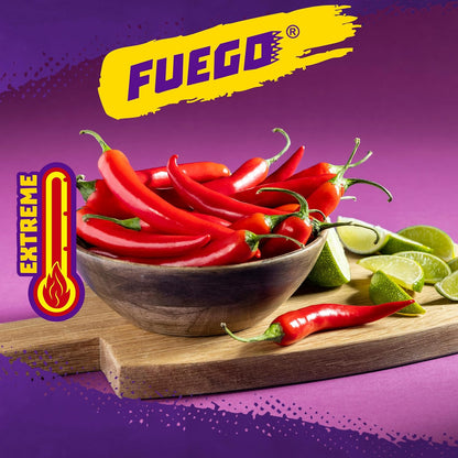 multiple flavor variants including fuego, blue heat, nitro, intense nacho, and dragon sweet chili