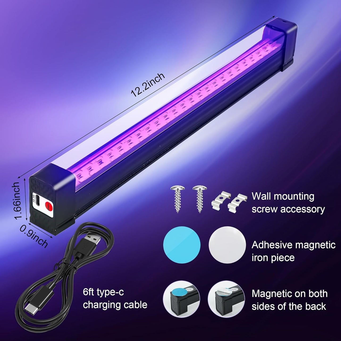 No Heat LED Black Light Bar 1ft, Safe UV Light for Playroom Crafts and Kids Sleepover Party