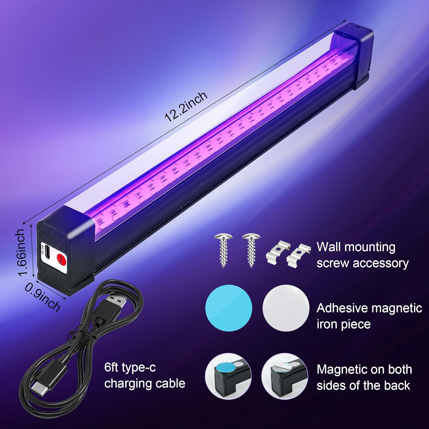 No Heat LED Black Light Bar 1ft, Safe UV Light for Playroom Crafts and Kids Sleepover Party