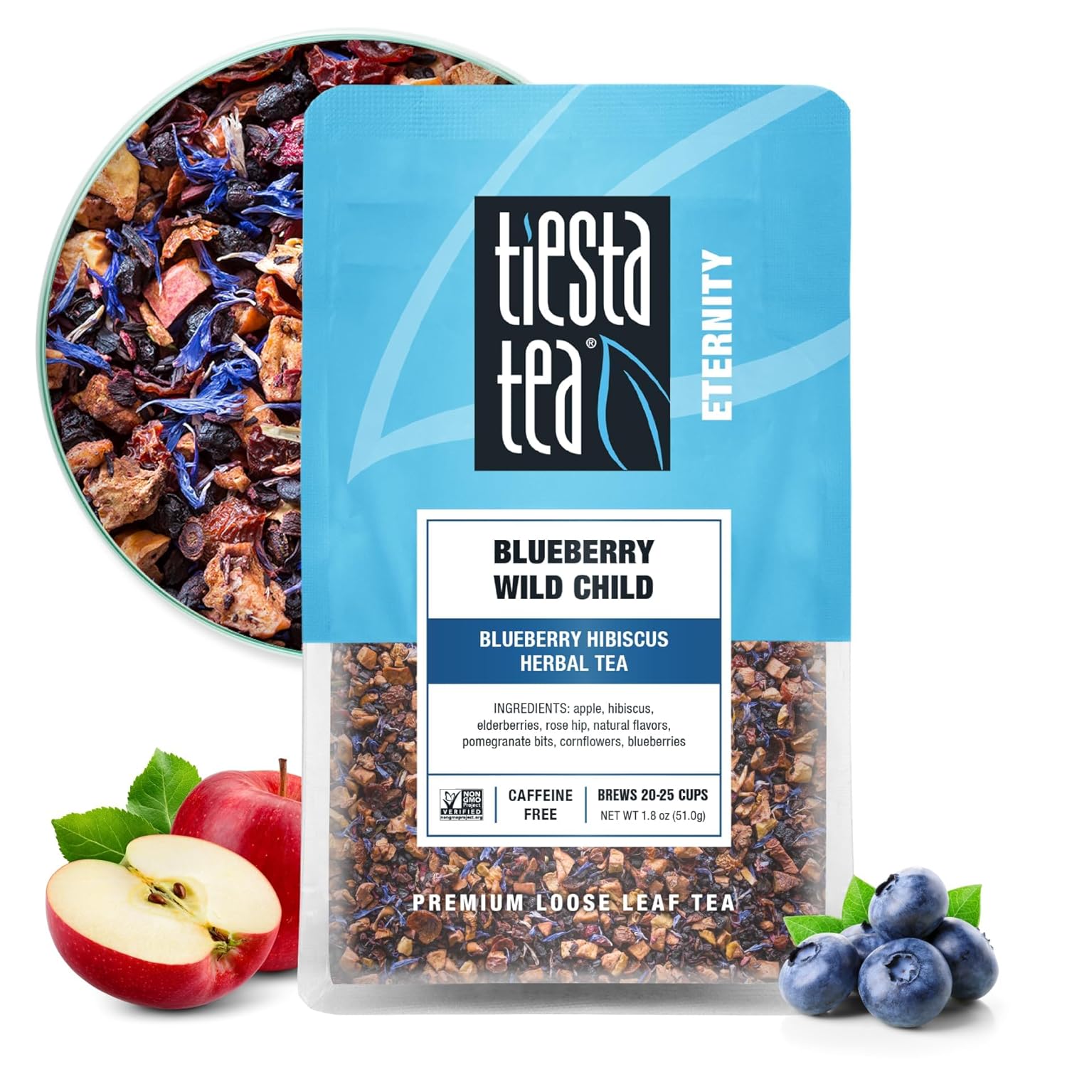 non-caffeinated herbal blend of blueberries, elderberries, hibiscus, apple pieces, and cornflowers