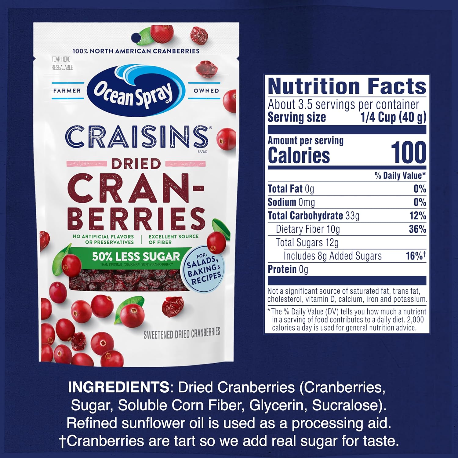 Ocean Spray Craisins 50% Less Sugar Dried Cranberries – Parent-Approved Snack for Road Trips and After-School, 5 oz Pouches, 12 Count