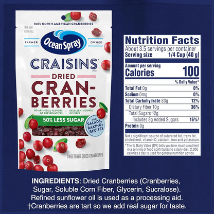 Ocean Spray Craisins 50% Less Sugar Dried Cranberries – Parent-Approved Snack for Road Trips and After-School, 5 oz Pouches, 12 Count
