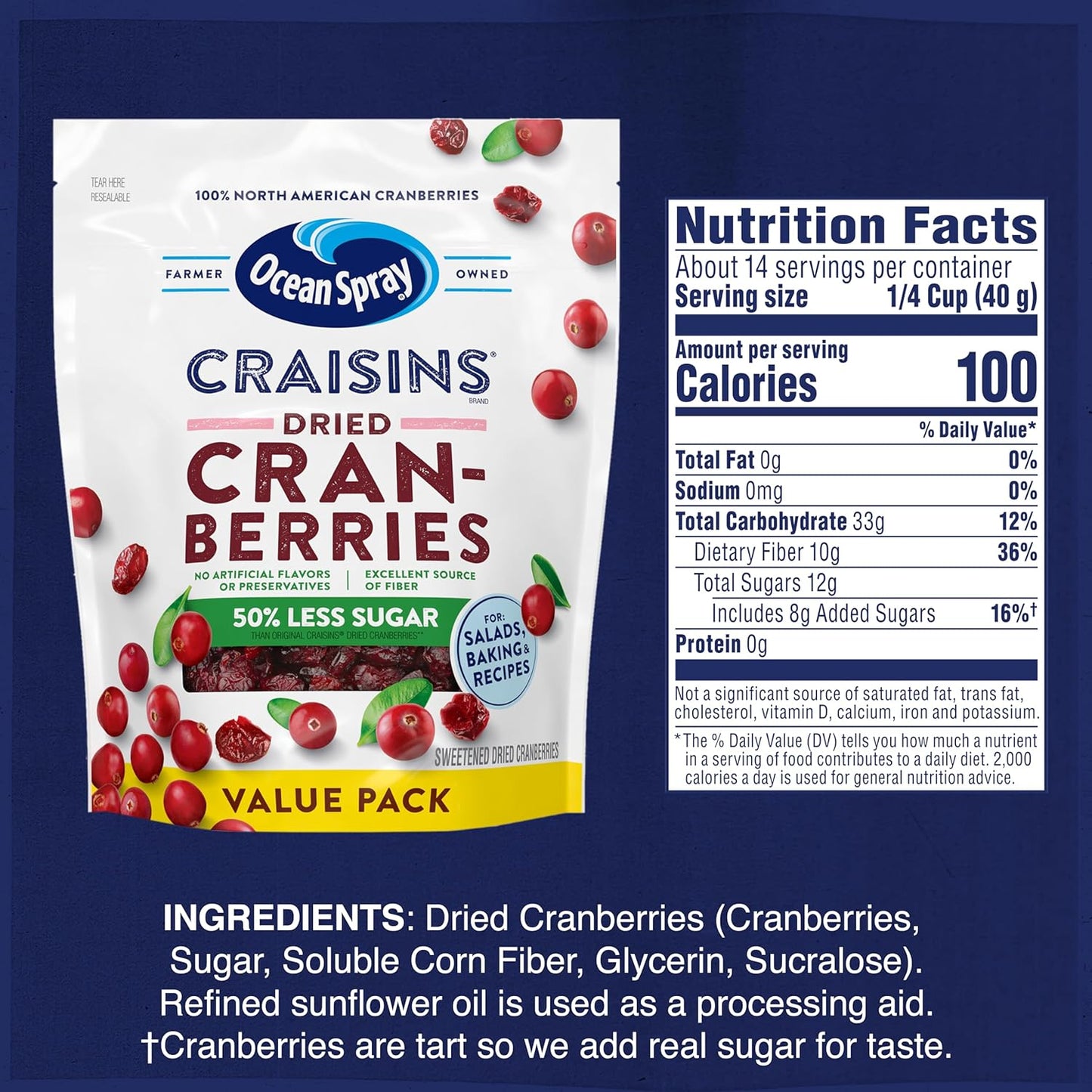 Ocean Spray Craisins 50% Less Sugar Dried Cranberries — Safe Sweet Snack for Classrooms Playdates and Family Pantry Sharing