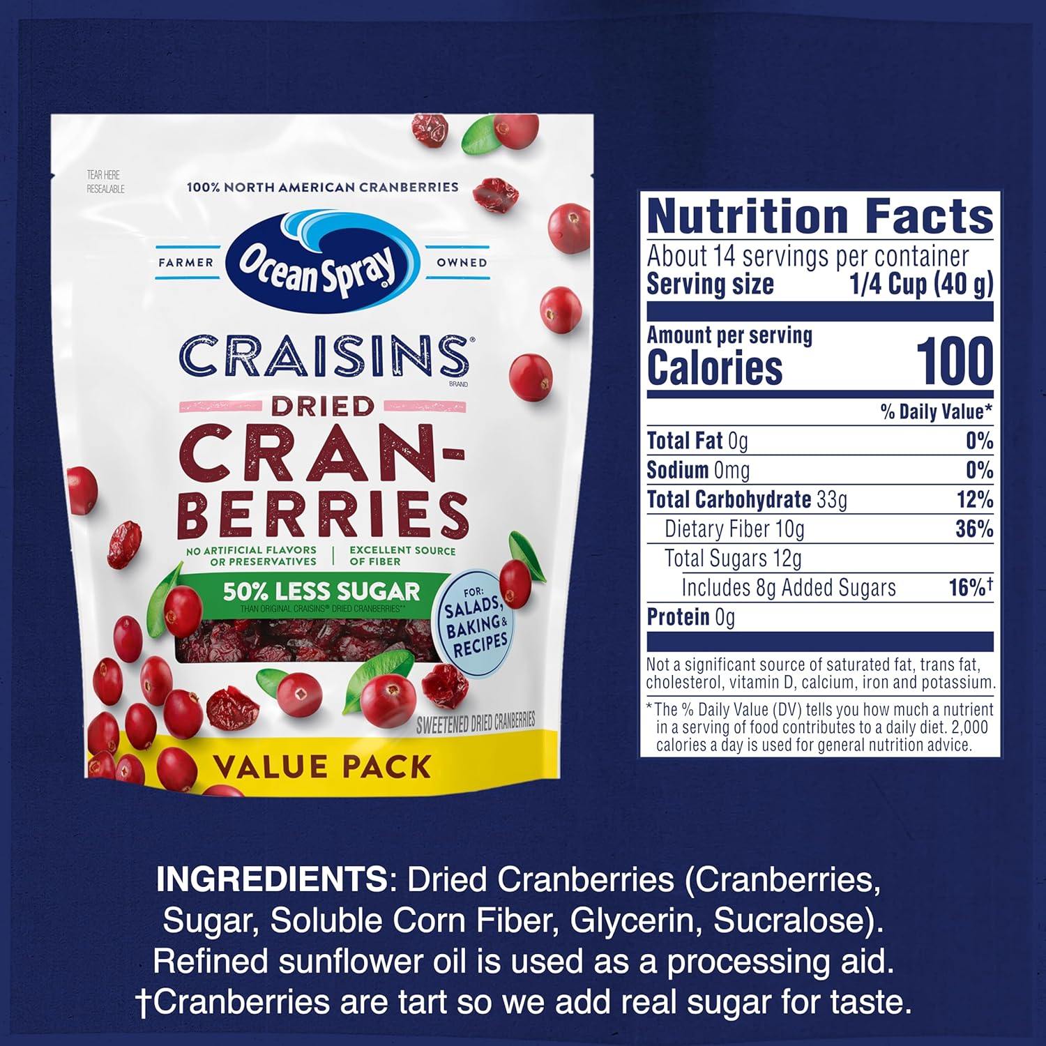 Ocean Spray Craisins 50% Less Sugar Dried Cranberries — Safe Sweet Snack for Classrooms Playdates and Family Pantry Sharing