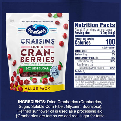 Ocean Spray Craisins 50% Less Sugar Dried Cranberries — Safe Sweet Snack for Classrooms Playdates and Family Pantry Sharing