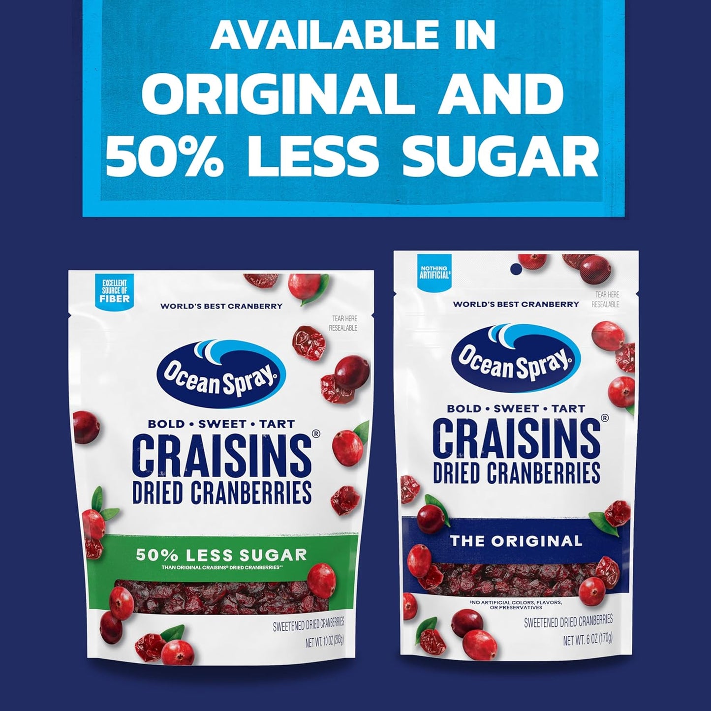 Ocean Spray Craisins 50% Less Sugar Dried Cranberries — Safe Sweet Snack for Classrooms Playdates and Family Pantry Sharing