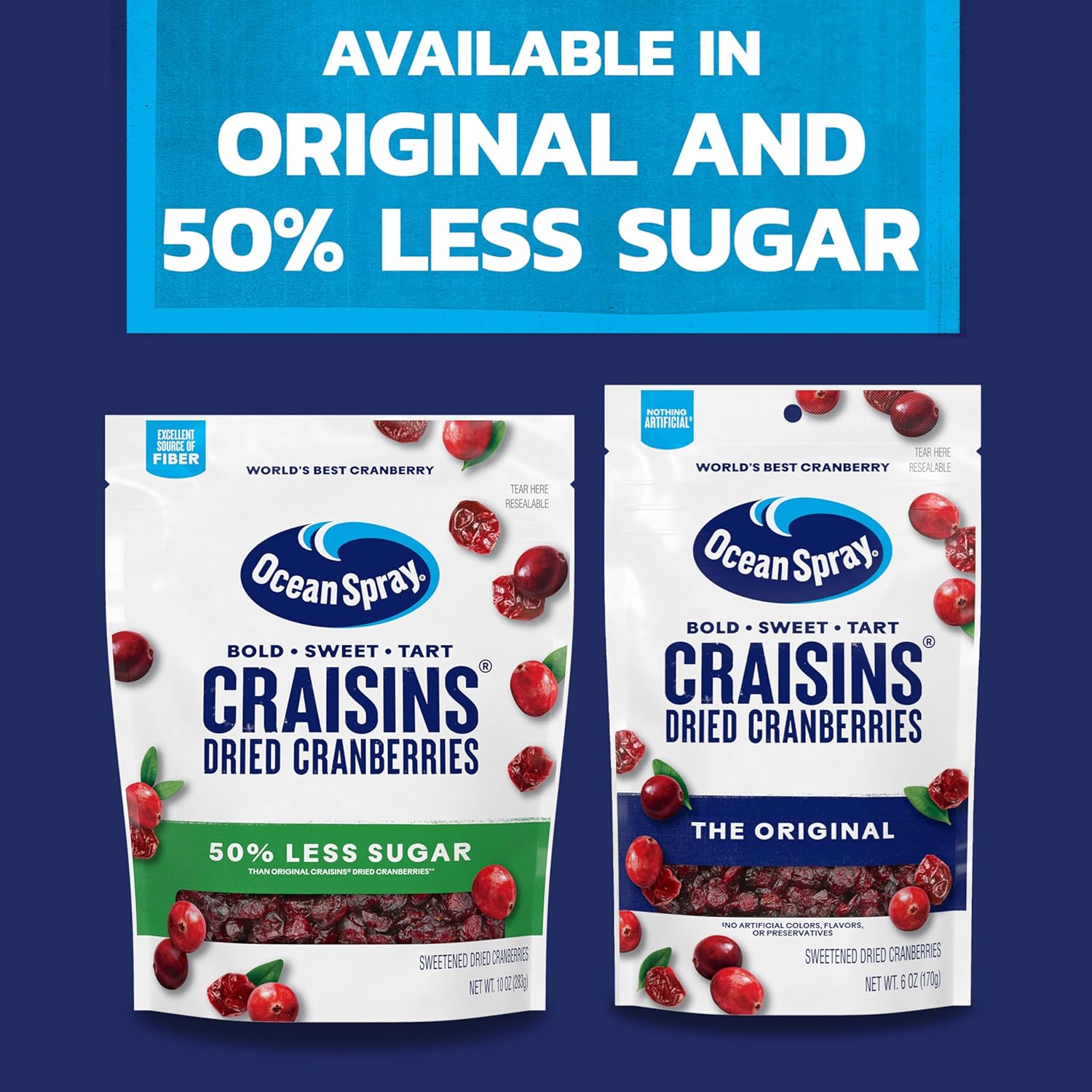 Ocean Spray Craisins 50% Less Sugar Dried Cranberries — Safe Sweet Snack for Classrooms Playdates and Family Pantry Sharing
