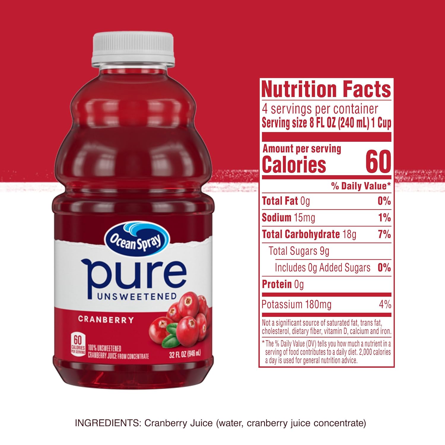 Ocean Spray® Pure Unsweetened Cranberry Juice – No-Added-Sugar Drink for Children's Lunchboxes, 32 Fl Oz Bottle