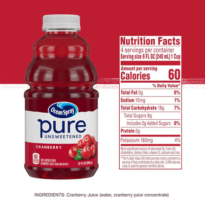 Ocean Spray® Pure Unsweetened Cranberry Juice – No-Added-Sugar Drink for Children's Lunchboxes, 32 Fl Oz Bottle