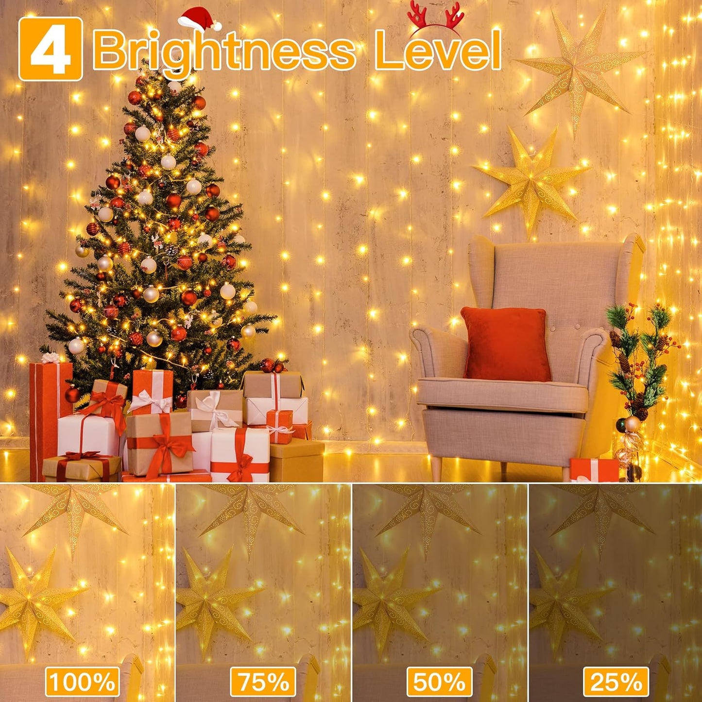 Ollny 200 LED Curtain Lights – Flame-Free Playroom Backdrop with 8 Modes and Low 5W Power for Child-Safe Use