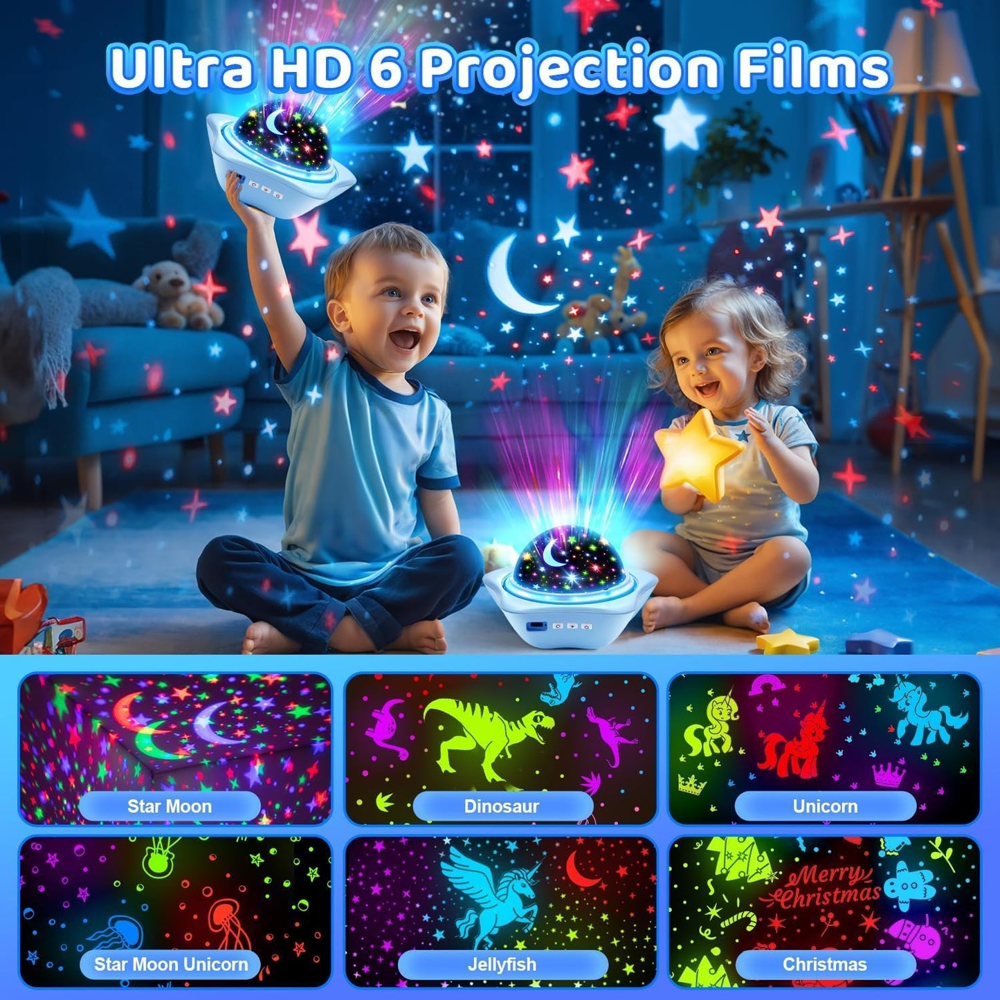 One Fire Bedroom Star Projector Decor – 6 Theme Films Including Unicorn, Dinosaur and Christmas, 78 Modes for Kids Room Styling