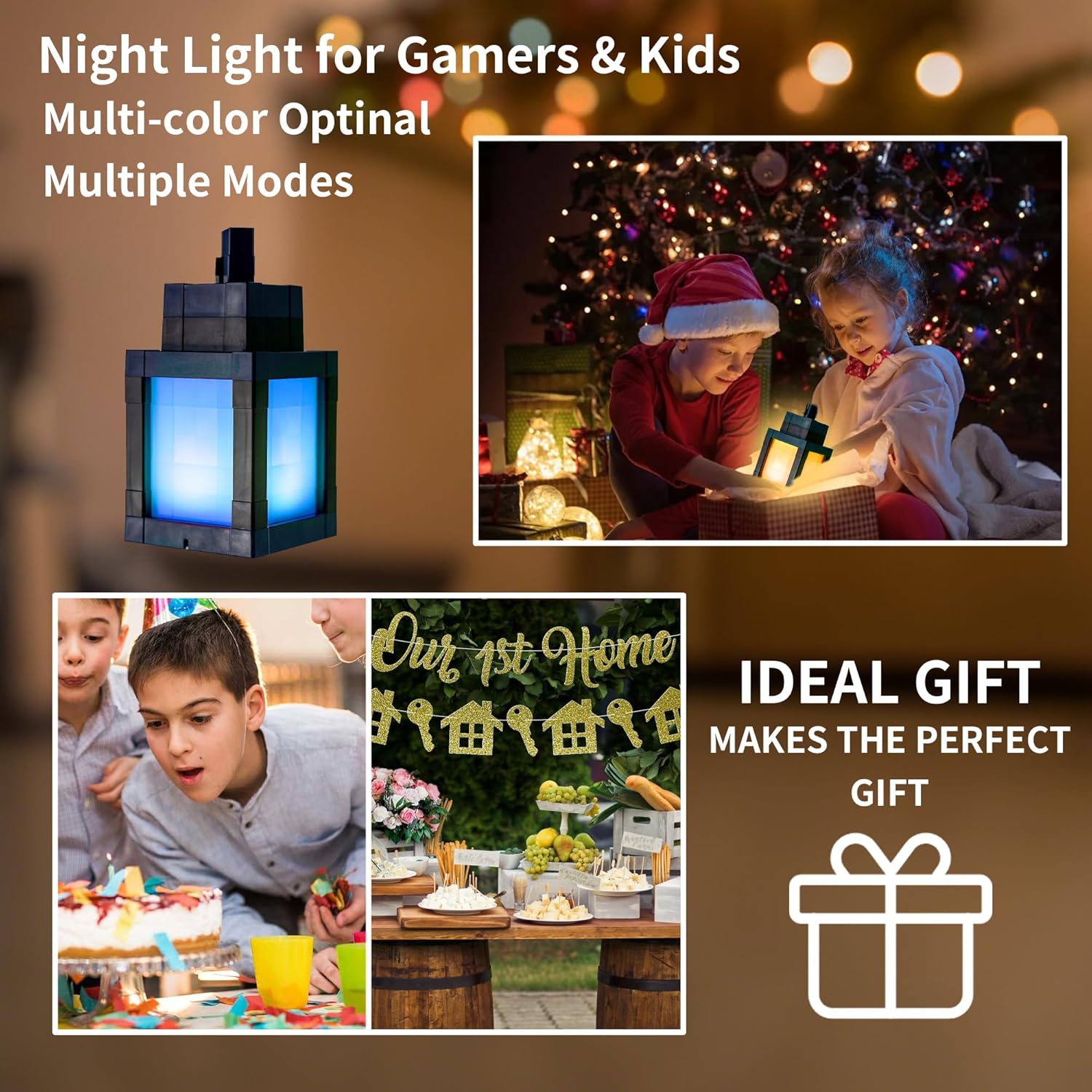 Pixelated Lantern Night Light - Sleep Aid Mood Lamp for Bedside Meditation, Warm RGB Glow with Auto Dimming