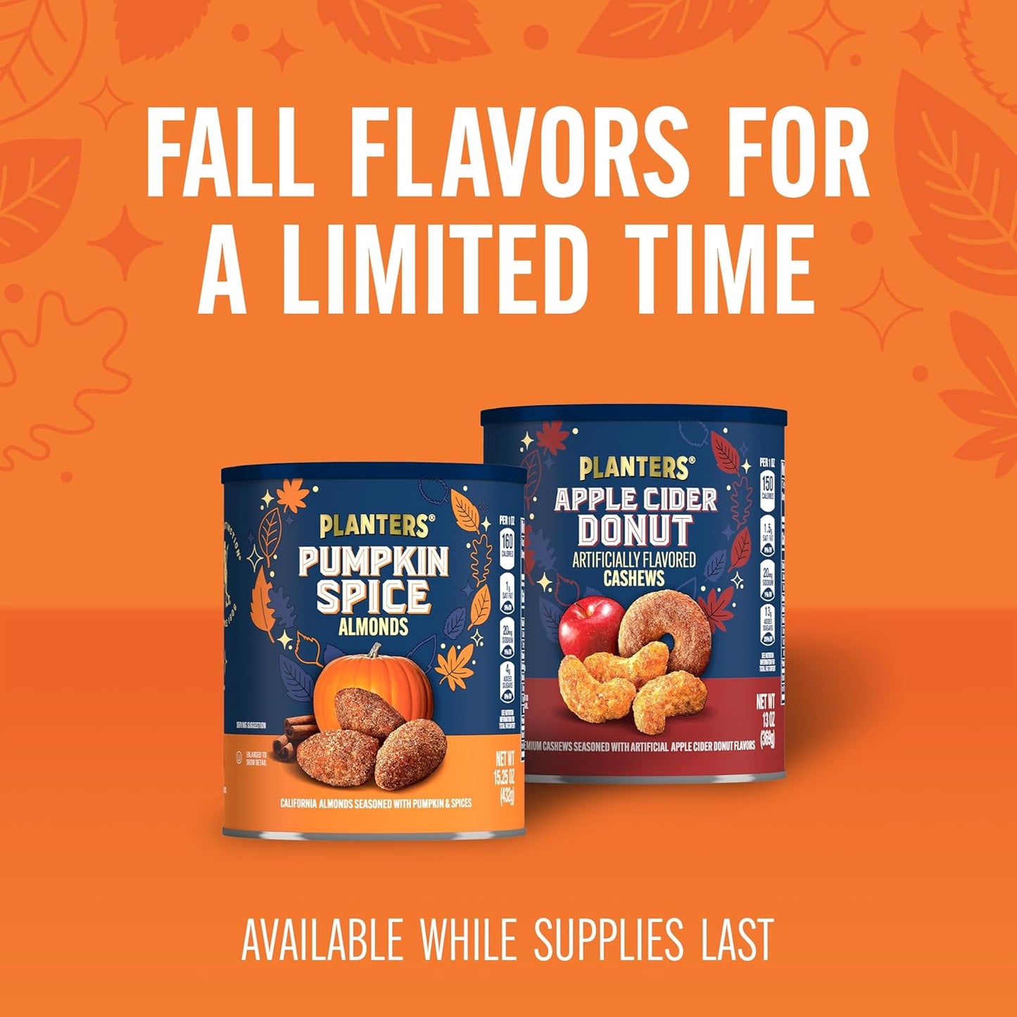 PLANTERS Fall Edition Pumpkin Spice Almonds 15.25 oz Resealable Canister – Warm Spiced Snack for Calming Nightly Routine, Plant-Based Protein Pick-Me-Up After a Long Day