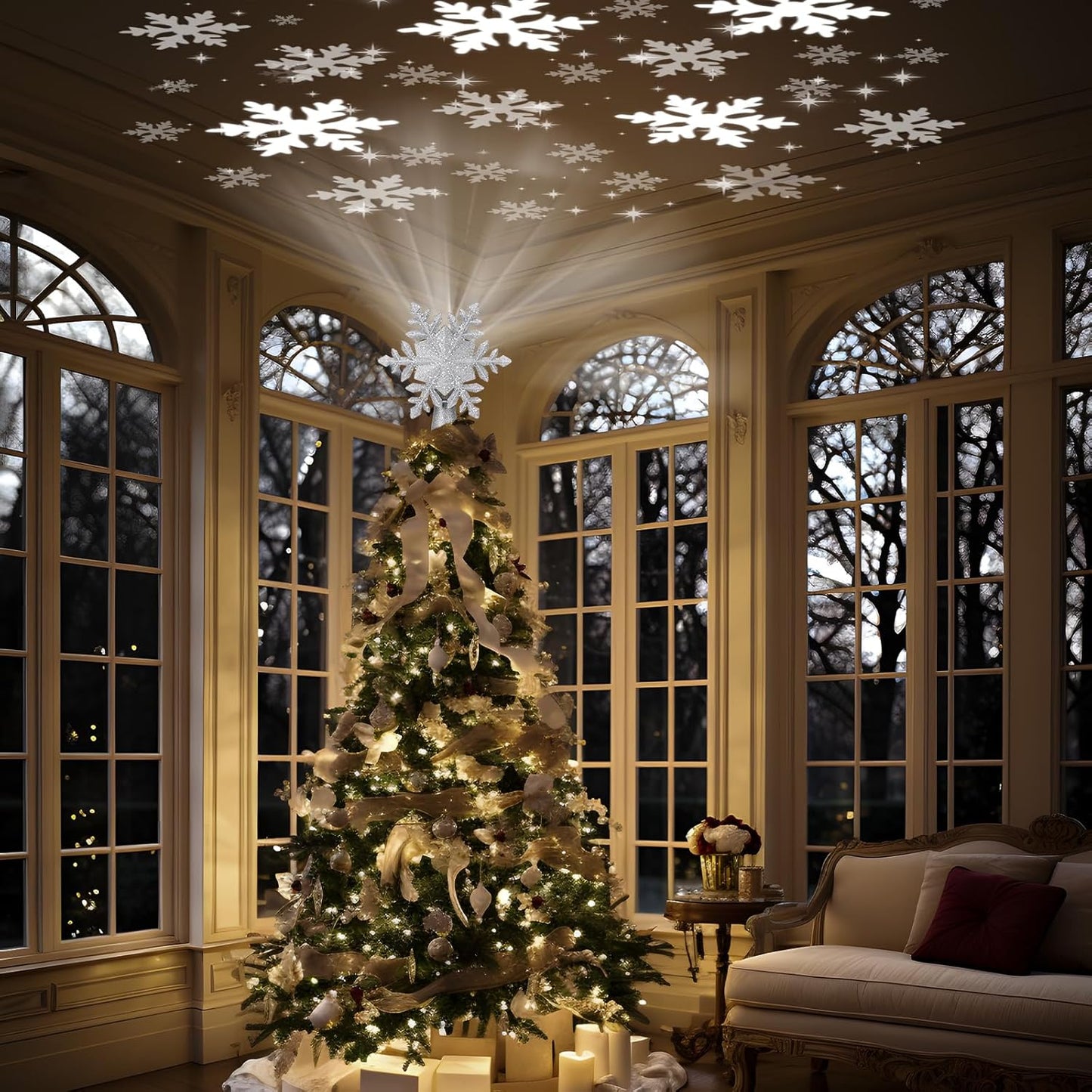 PliMook Snowflake Tree Topper Light with 6 Pattern Slides, 3D Rotating LED Projector for Elegant Holiday Living Room Styling, Silver
