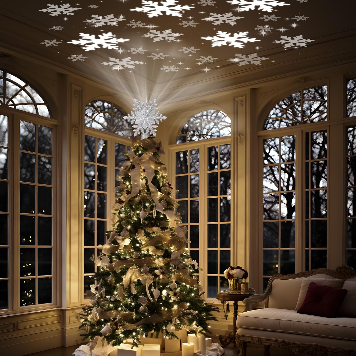 PliMook Snowflake Tree Topper Light with 6 Pattern Slides, 3D Rotating LED Projector for Elegant Holiday Living Room Styling, Silver