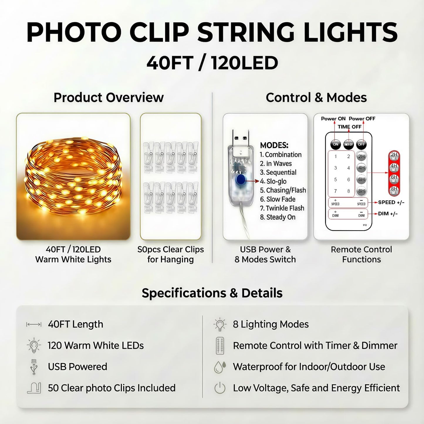 Portable Photo Clip Fairy Lights 40FT - Waterproof Flexible Copper Wire String Lights for Patio Tent Outdoor Party, USB Powered with Remote