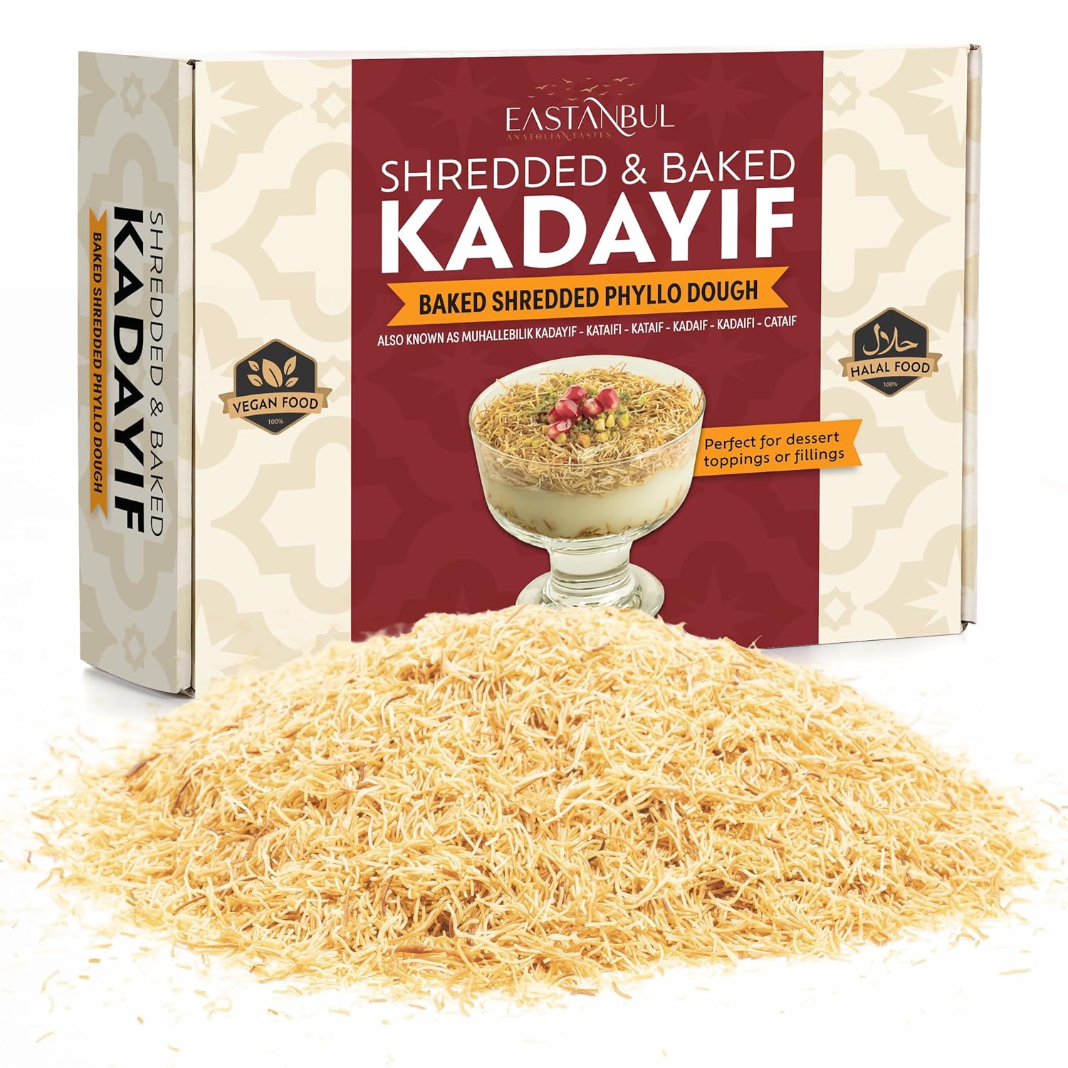 pre-baked and lightly toasted shredded kataifi (8.81oz / 250g) ready for immediate use