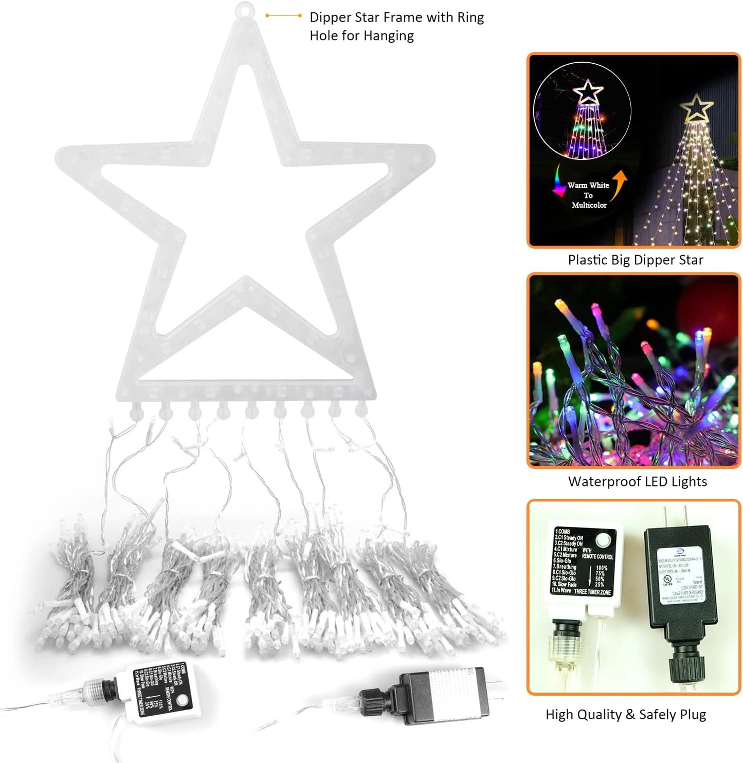PUHONG Safe Around Kids and Pets Christmas Lights 320 LED – Smokeless Star String Lights with 6h and 8h Auto Shutoff Timer