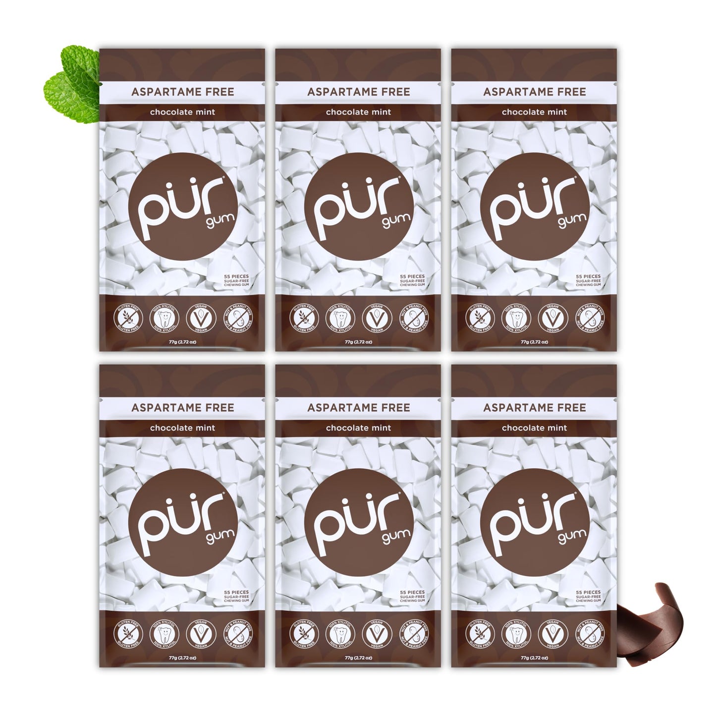 PUR Gum | Aspartame Free Chewing Gum | 100% Xylitol | Natural Chocolate Mint Flavored Gum, 55 Pieces (Pack of 6)