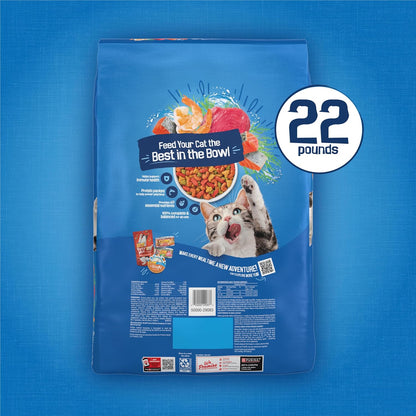 Purina Friskies Dry Cat Food Salmon, Tuna and Shrimp Recipe - 22 lb. Bag for Stress-Free Mealtime in Multi-Cat Homes