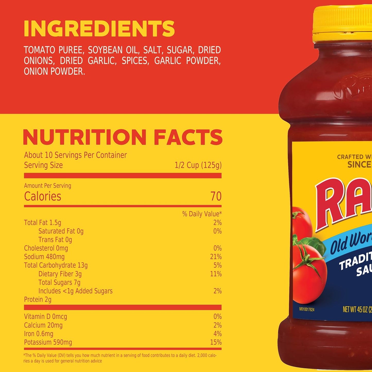 Ragu Old World Style Traditional Sauce, Ready-to-Heat Tomato Sauce for Quick Family Dinners with Picky Eaters, 45 oz
