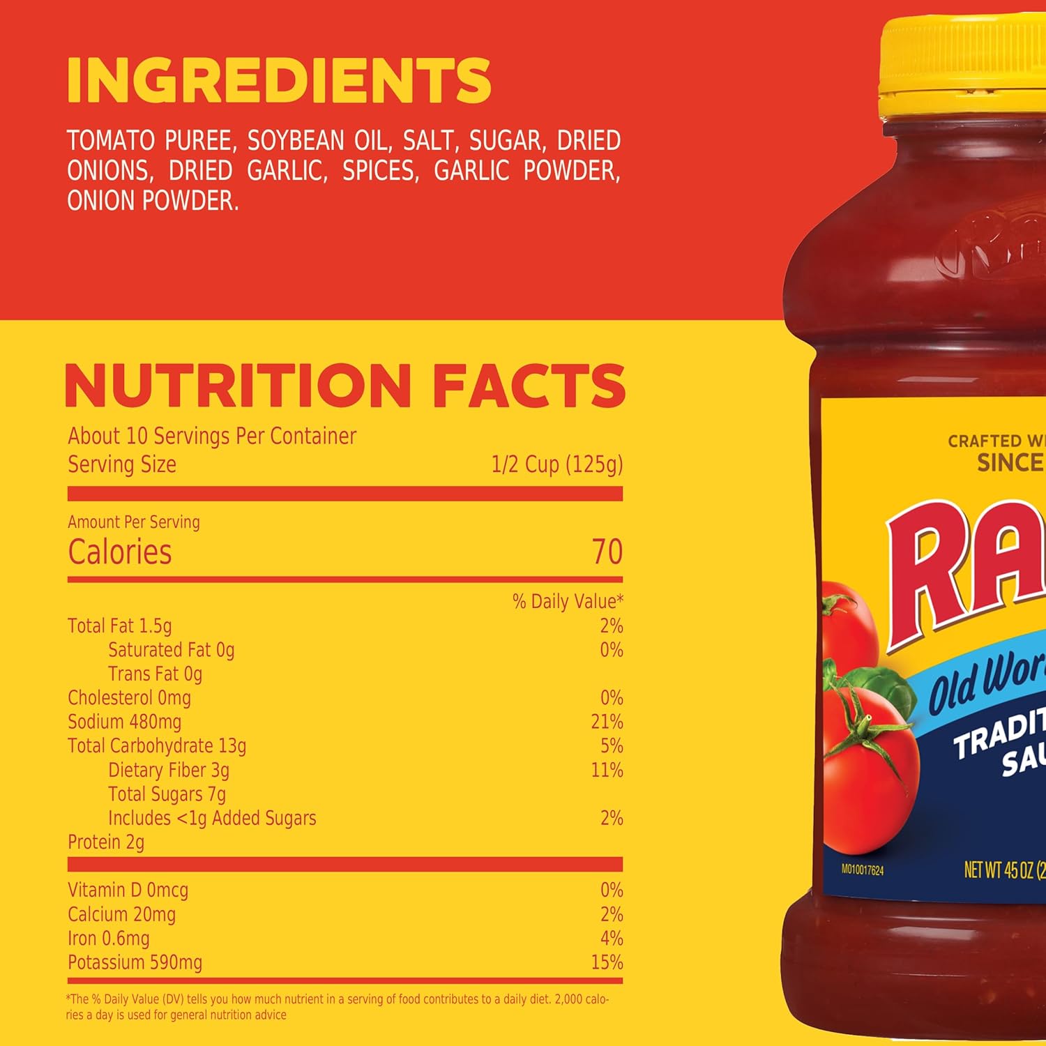 Ragu Old World Style Traditional Sauce, Ready-to-Heat Tomato Sauce for Quick Family Dinners with Picky Eaters, 45 oz