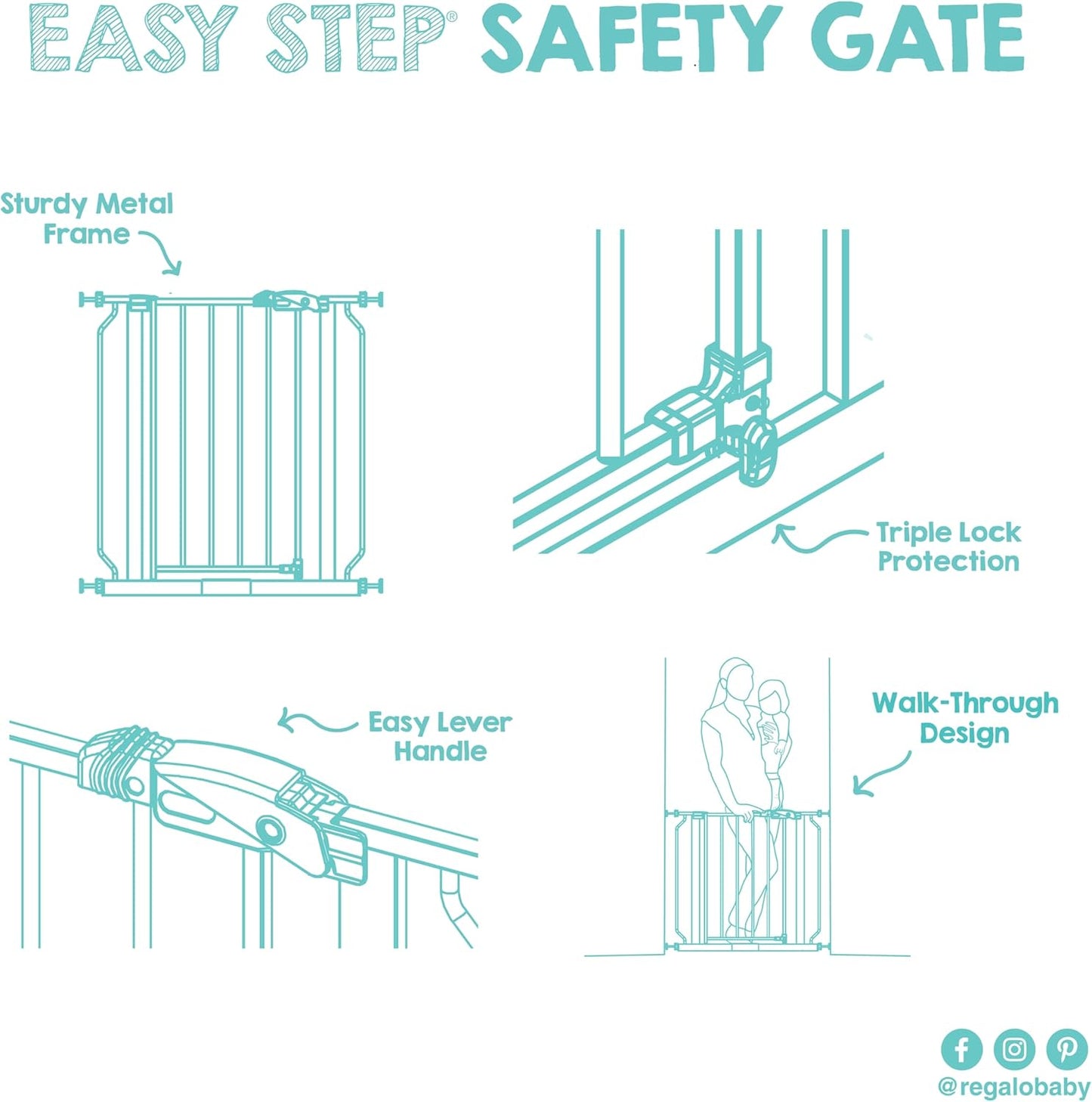 Regalo Black Baby Gate with Walk-Through Door – Sleek Pressure Mounted Barrier for Minimalist Homes, 29-38.5 Inch Wide
