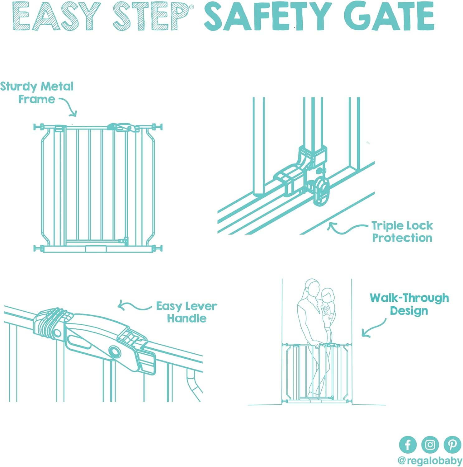 Regalo Black Baby Gate with Walk-Through Door – Sleek Pressure Mounted Barrier for Minimalist Homes, 29-38.5 Inch Wide