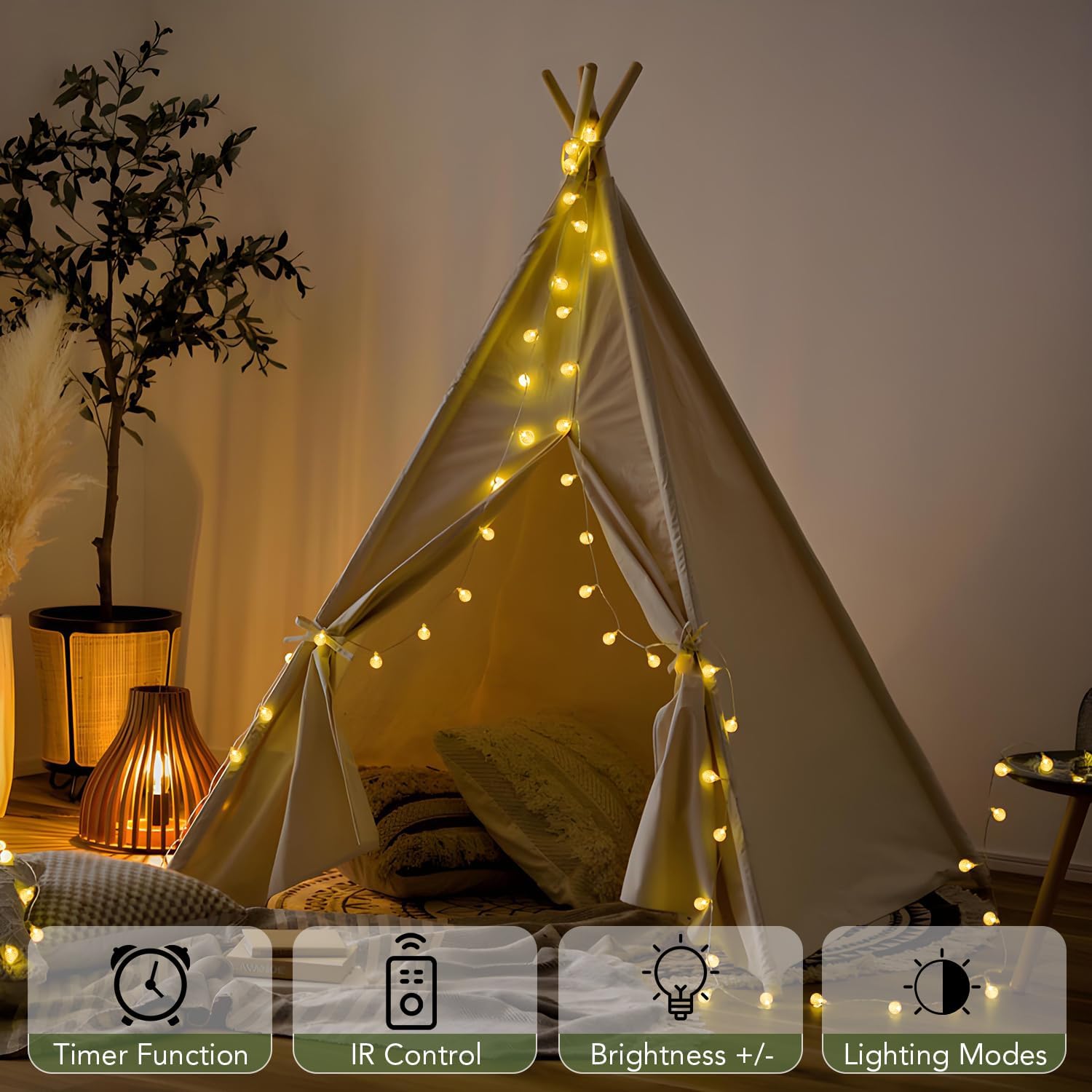 remote control with 8 lighting modes (combination, wave, sequential, slow glow, chasing, slow fade, twinkle, steady on) and 10 brightness levels