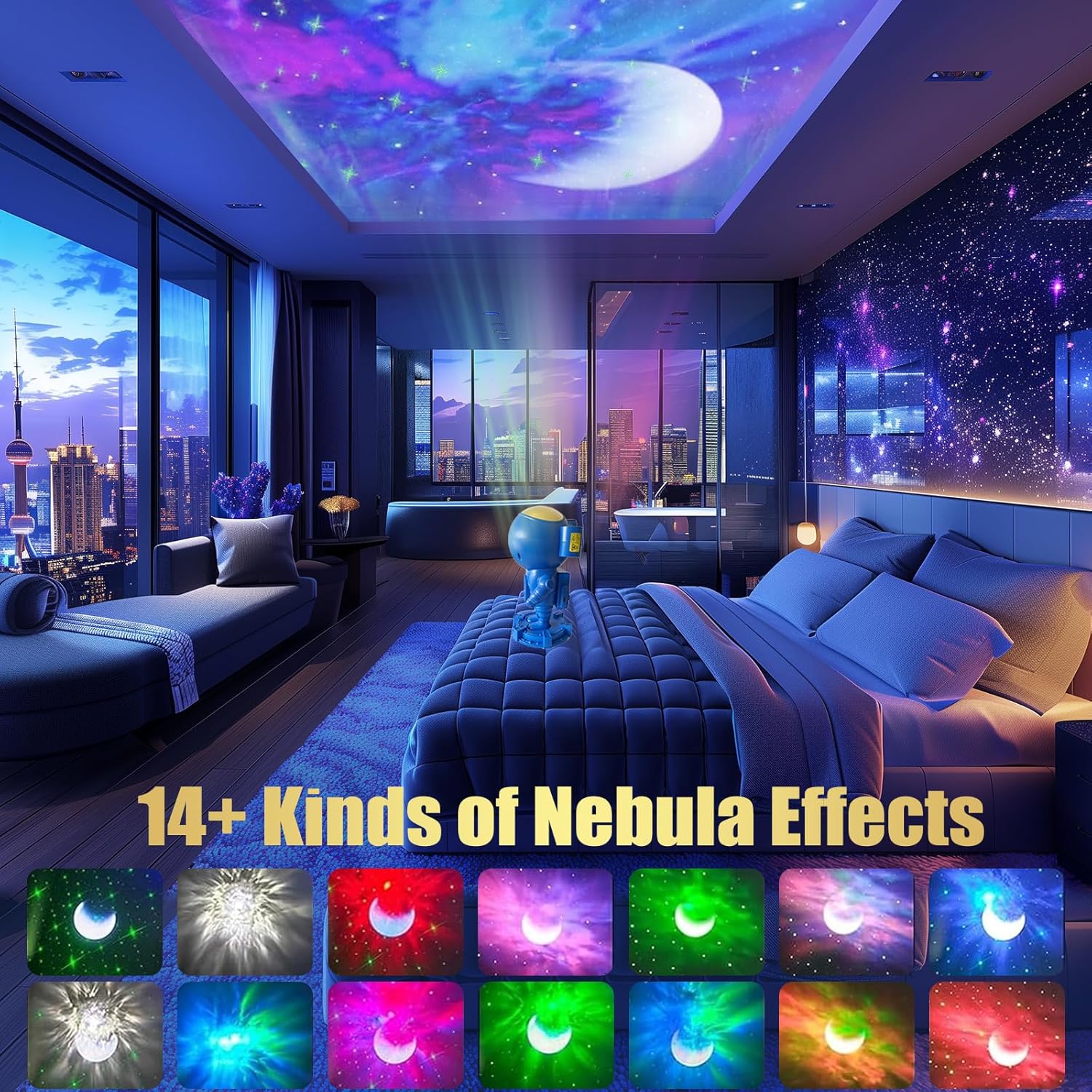 rgbw nebula projection with 14+ customizable color combinations including green star and moon modes