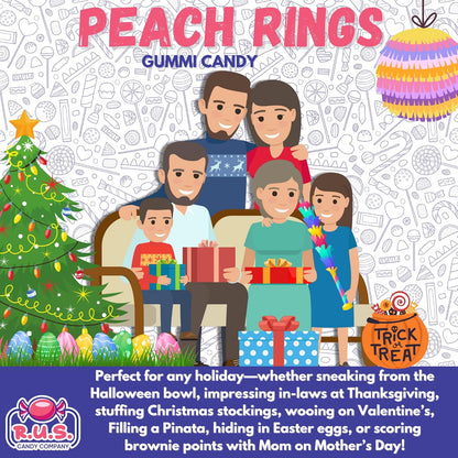 RUS Candy Company Peach Ring Gummies 8 oz Resealable Pouch – Pantry-Stock Treat for Nursery Snack Time and Birthday Parties