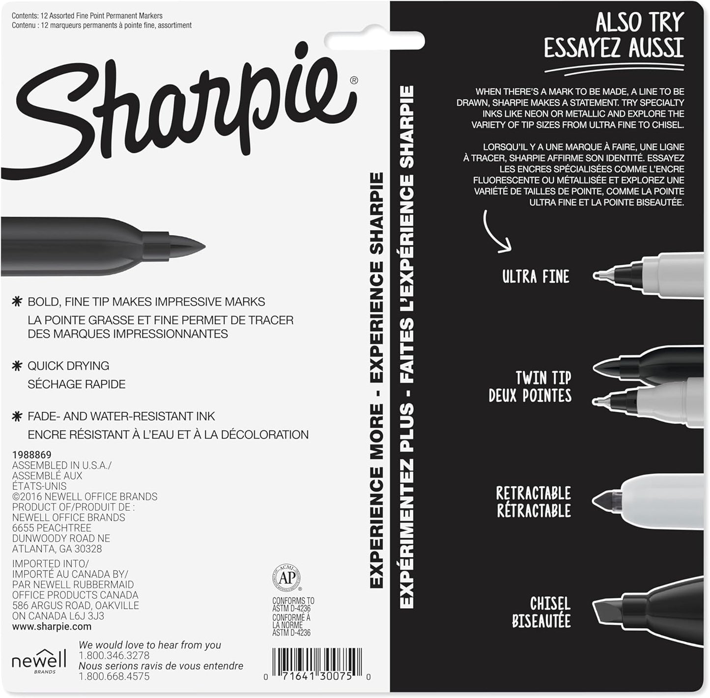 Sharpie Fine Point Permanent Markers 12 Pack Multicolor - Water Resistant Fade Resistant Safe Ink for Family Craft Areas